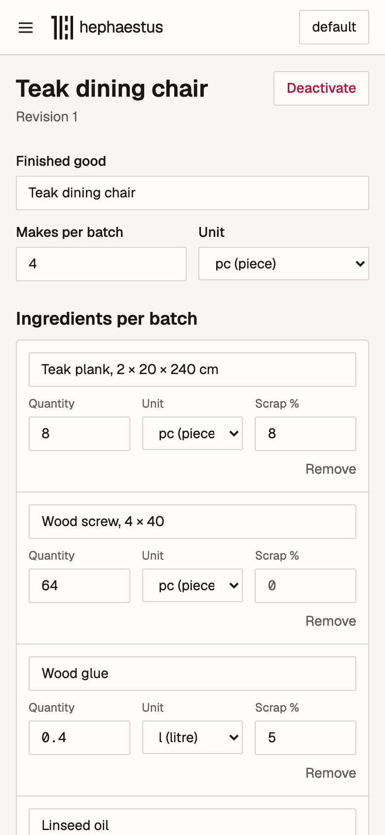 A furniture recipe with its ingredients per batch in Hephaestus, on a phone.