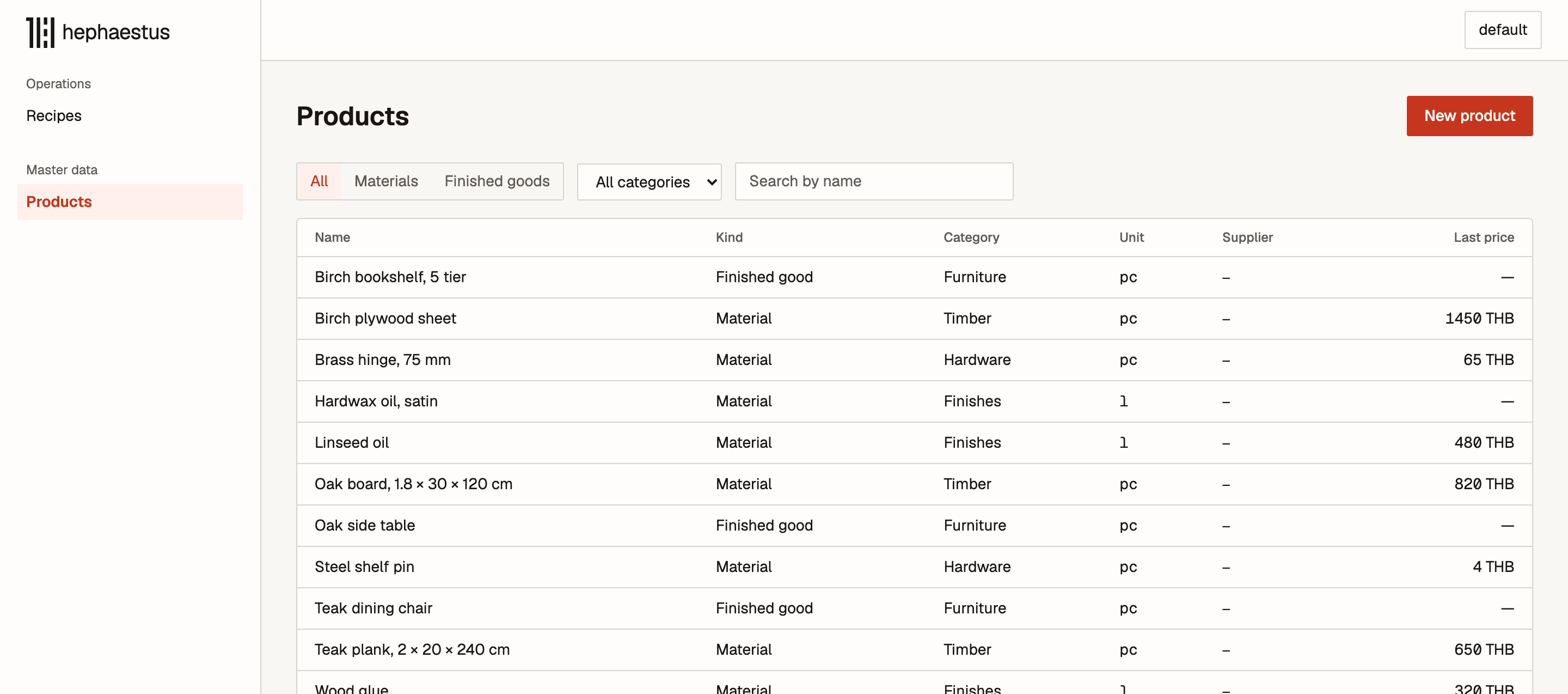 Hephaestus product list for a demo furniture workshop, showing materials, categories, and last prices.
