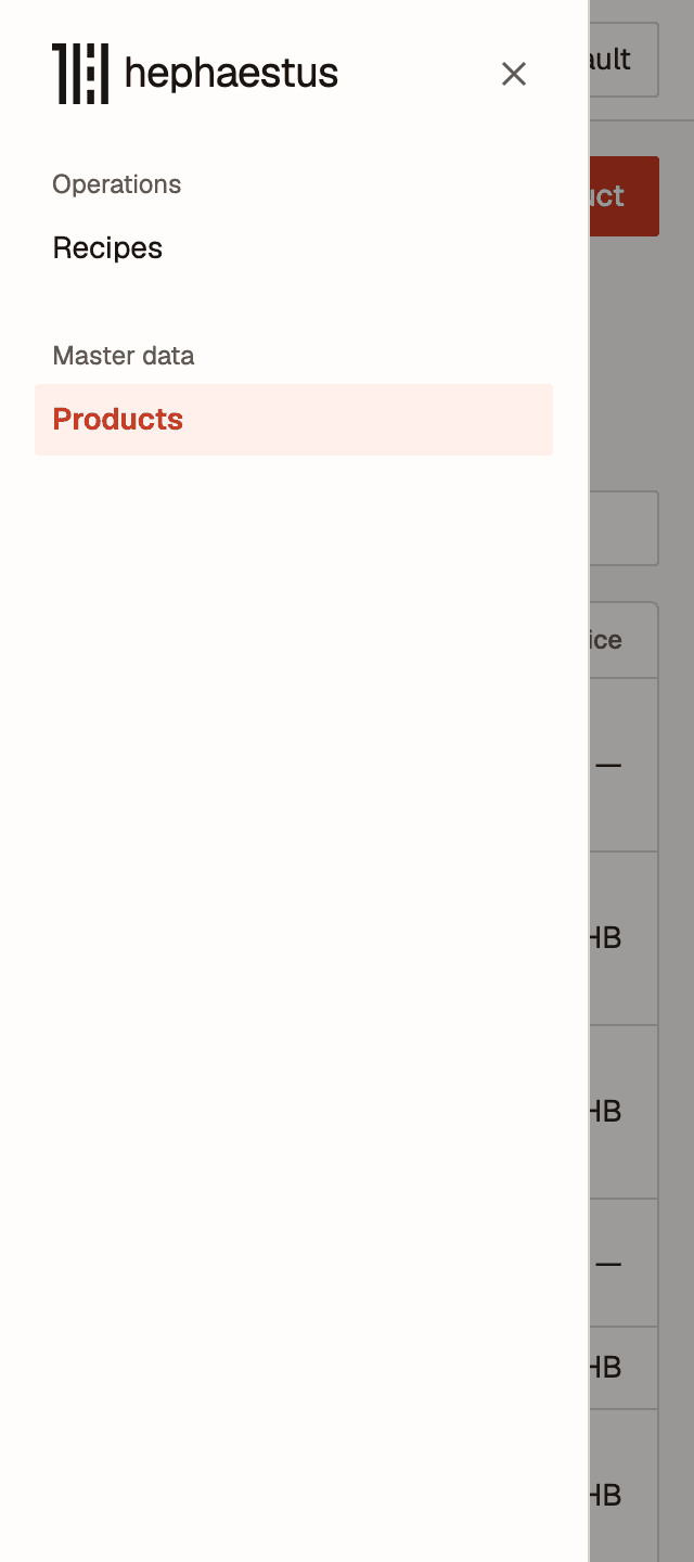 The Hephaestus menu open on a phone, listing Recipes and Products.