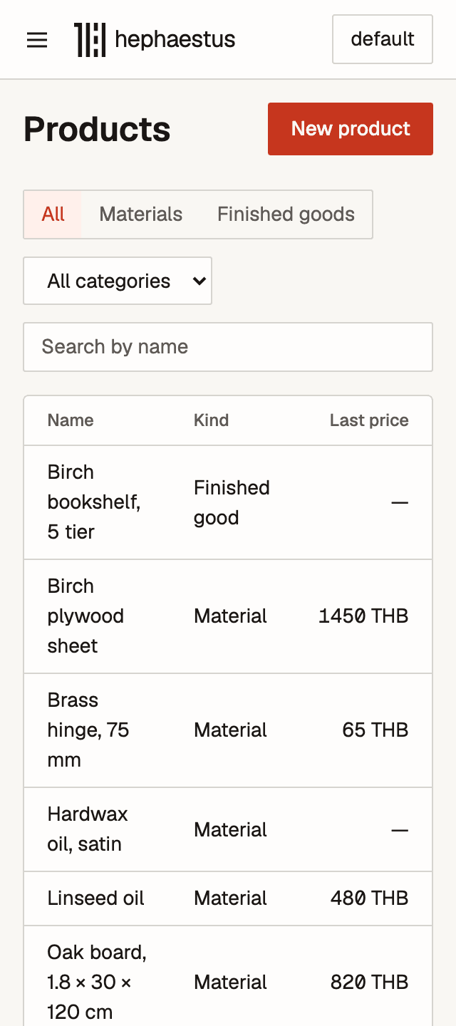 The Hephaestus product list on a phone.