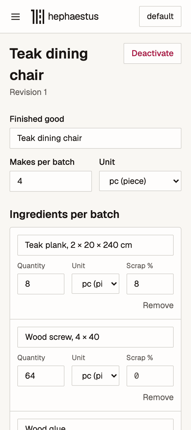 A furniture recipe with its ingredients per batch in Hephaestus, on a phone.