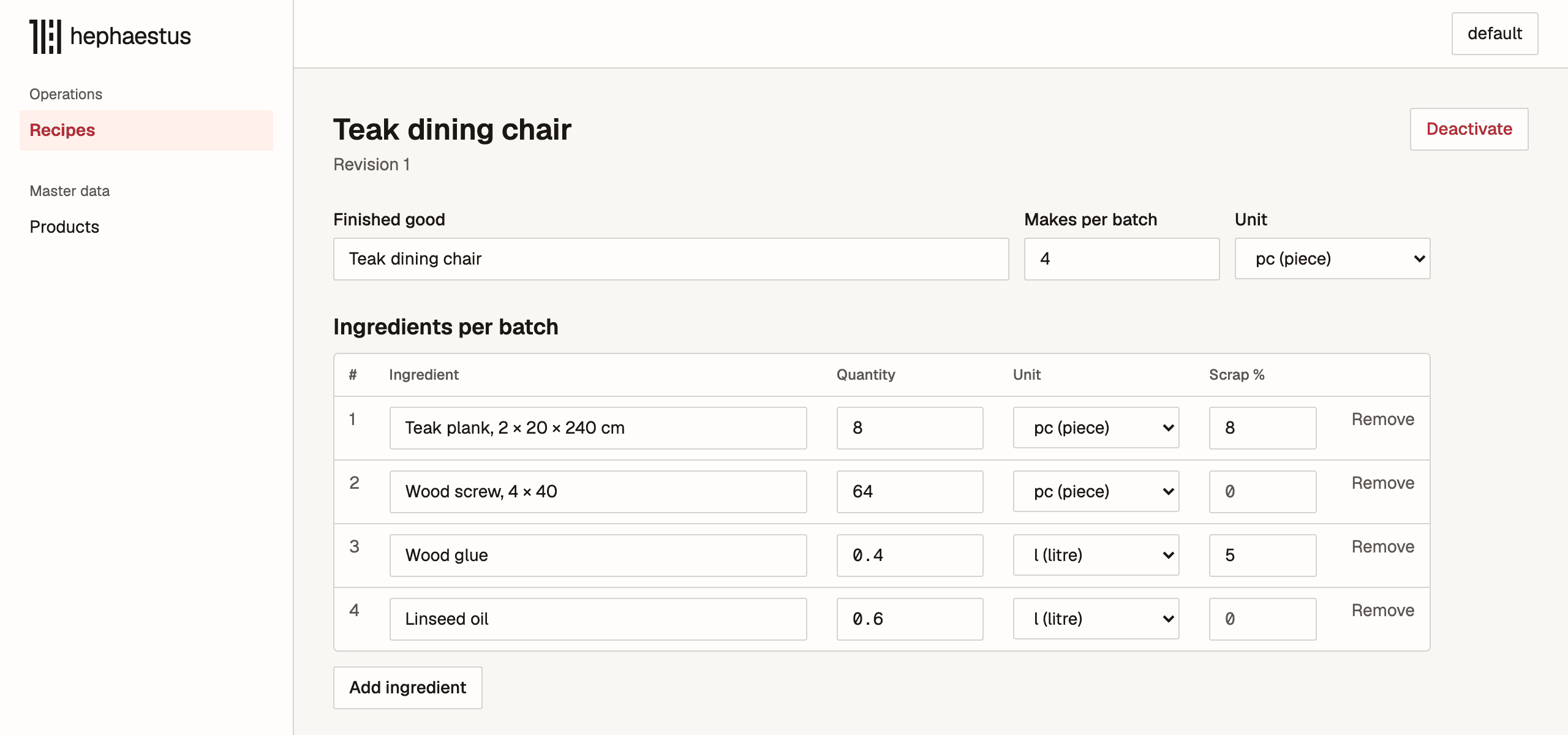 A teak dining chair recipe in Hephaestus: four ingredients with quantities, units, and scrap percentages per batch of four.