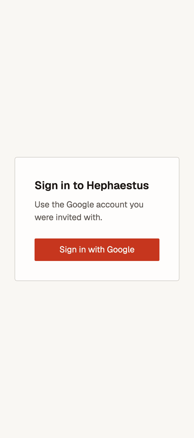 The Hephaestus sign-in page on a phone, with a single Sign in with Google button.