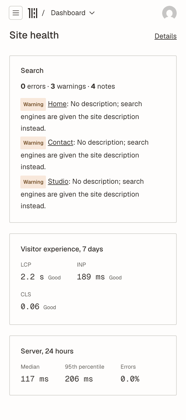 Hestia's site health dashboard on a phone.