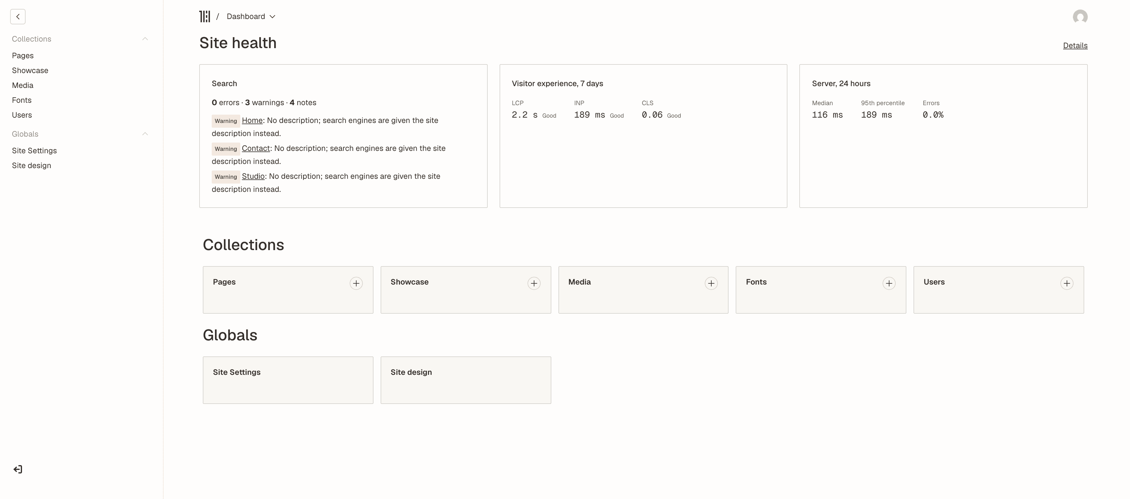 Hestia's dashboard for a demo site, with search, visitor speed, and server health at the top.