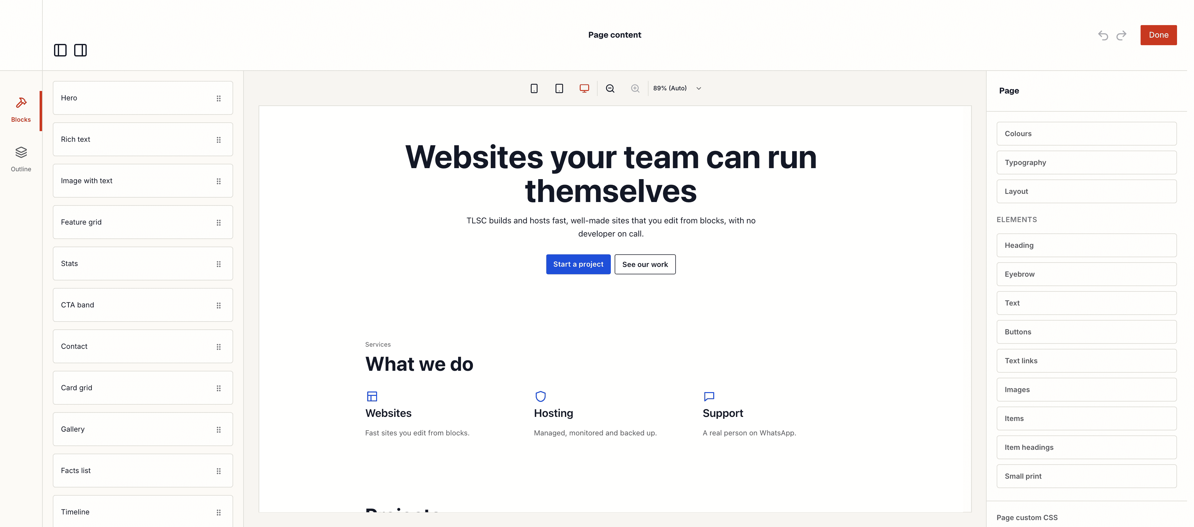 Hestia's visual editor open on a demo home page, with the block library on the left and page styles on the right.
