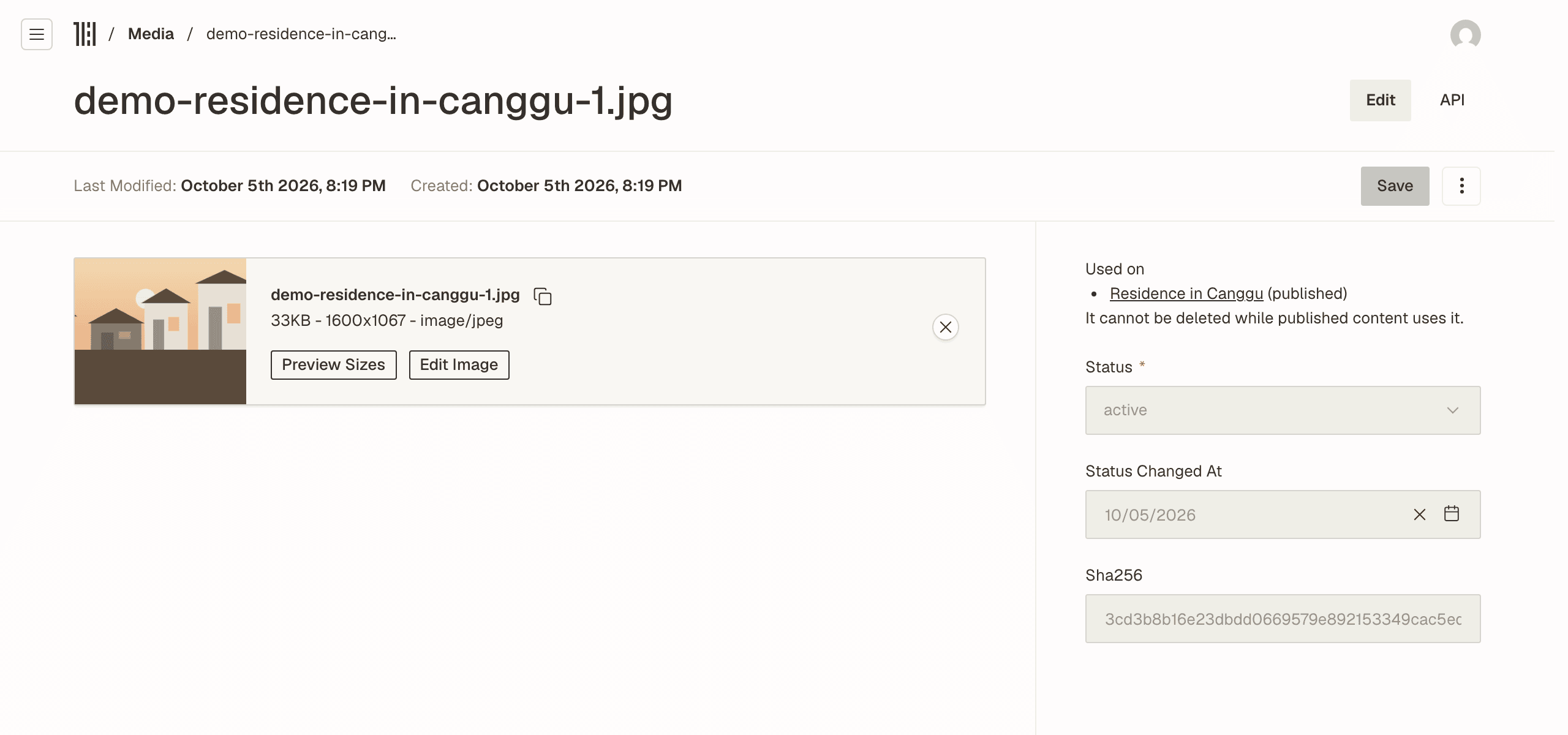A demo image in Hestia's media library, with a Used on panel listing the project page that shows it.