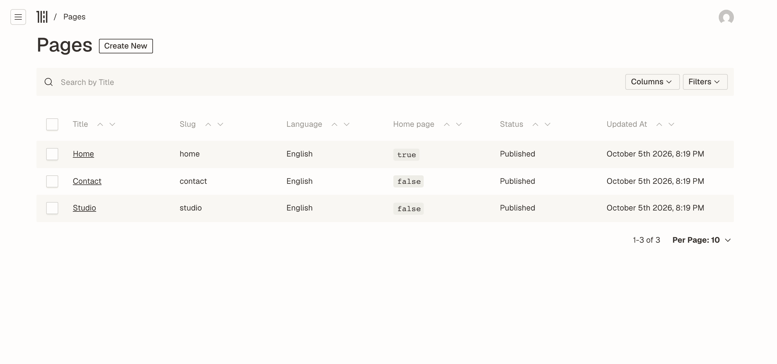 Hestia's page list for a demo studio, showing each page's language and published status.